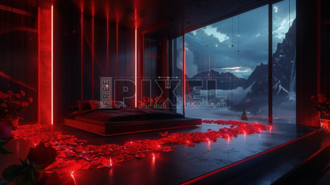 Romantic bedroom with large stormy window, rose petals scattered, neon red glow and dramatic rain view