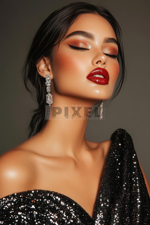 black dress red lips open hair Woman with Red Lips, Wavy Hair, Wear Evening Fashionable Black Dress with  Sequins and Shiny Earrings Stock Photo