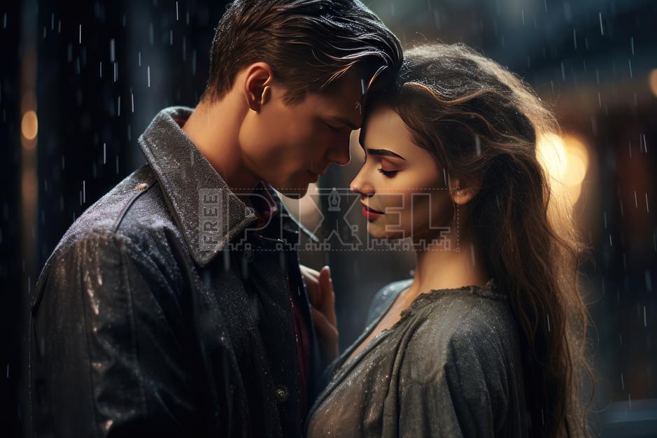 Romantic couple embracing closely under rain, faces touching in tender intimacy, storm adding passionate mood