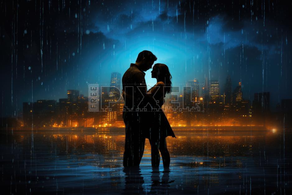 Silhouette of couple embracing intimately under dramatic rain, mirroring the building passion and trust within the room