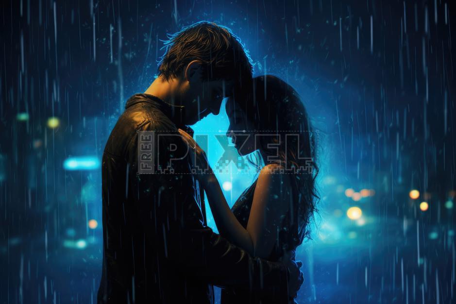 Passionate couple embracing under rain, intense tender connection in stormy night, blue-lit intimacy