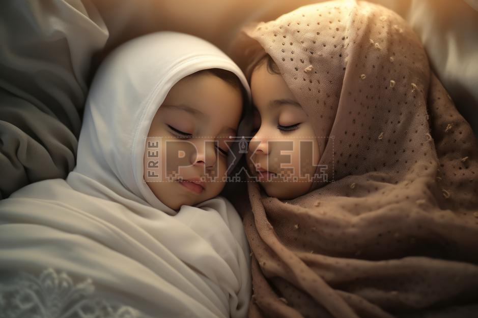 Free Photos - Two Young Children, Who Appear To Be Twins, Dressed In White Clothing And Wearing Matching Headscarves. They Are Lying Side By Side On A Bed, Fast Asleep, And Surrounded